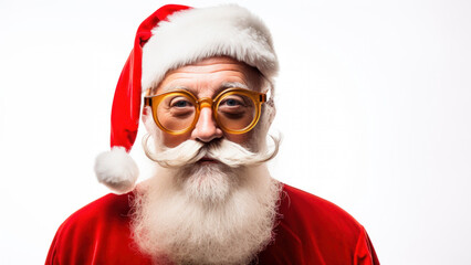 Photo of cheerful handsome old Santa Claus smiling looking at camera wearing red hat and beard over white background in studio. Happy Christmas time