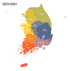 South Korea political map of administrative divisions - provinces, metropolitan cities, special city of Seolu and special self-governing cities of Sejong. Colorful spectrum political map with labels - obrazy, fototapety, plakaty
