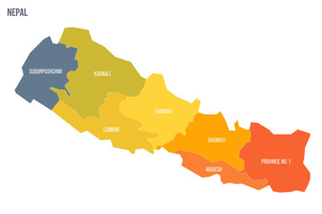 Nepal political map of administrative divisions - provinces. Colorful spectrum political map with labels and country name. - obrazy, fototapety, plakaty