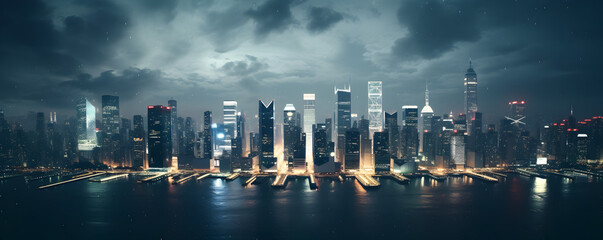ville moderne vue du ciel avec des gratte-ciels, de nuit