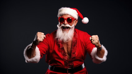 Fototapeta na wymiar Portrait of handsome elderly Santa Claus wearing red hat and costume raising fists enjoying Christmas party standing over black background in studio