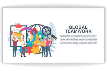 A woman holding a pencil. website page Global Teamwork. Modern flat design concept of web page design for website and mobile website