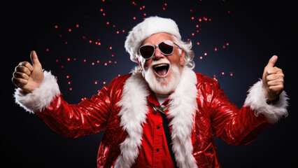 Elderly fashionable Santa Claus wearing sunglasses showing thumbs up at camera smiling screaming over black background in studio.Generated by AI