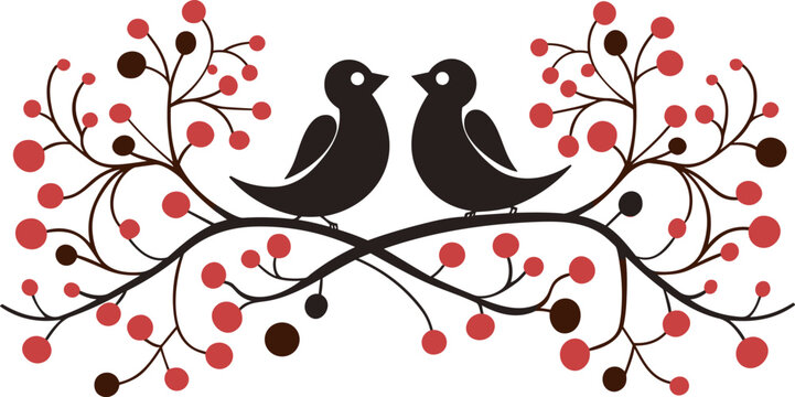 two birds sitting on the tree vector illustration on isolated background, two birds sitting on the tree for sticker and wall art