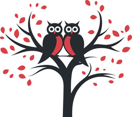 two owls sitting on the tree vector illustration on isolated background, two owls sitting on the tree for sticker and wall art