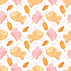 Hand drawn watercolor korean street food seamless pattern isolated on white background. Can be used for textile, fabric and other printed products.
