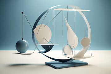 Conceptual depiction of information asymmetry and imbalance with overweight geometric shapes on a swing balancer. Generative AI - obrazy, fototapety, plakaty