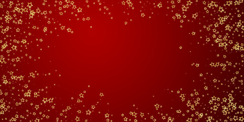 Twinkle stars scattered around randomly, flying, falling down, floating.  Christmas celebration concept. Festive stars vector illustration on red background.