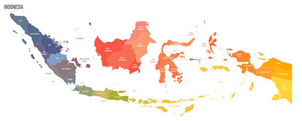 Indonesia political map of administrative divisions - provinces and special regions. Colorful spectrum political map with labels and country name.