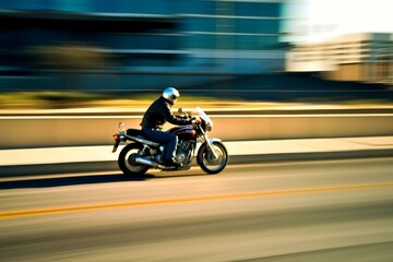 Obraz na płótnie Canvas Motorcyclist speeds along urban highway. Generative AI