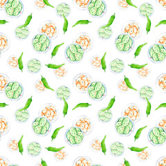 Hand drawn watercolor korean street food with green pepper seamless pattern isolated on white background. Can be used for textile, fabric and other printed products.