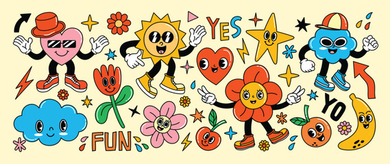 Set of 70s groovy element vector. Collection of cartoon characters, doodle smile face, heart, sun, flower, cloud, banana, cherry. Cute retro groovy hippie design for decorative, sticker, kids.