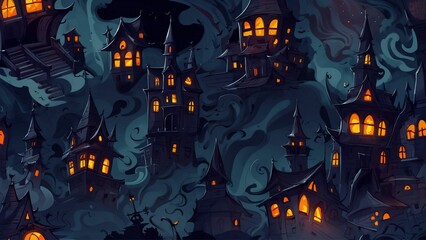 Halloween background with a castle, scary night with alot of bat and clounnd, huge moon, illustration.