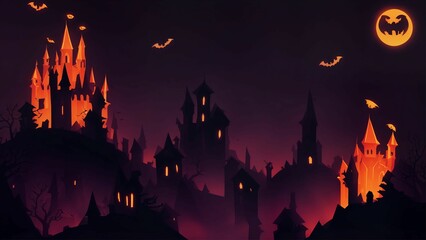 Halloween background with a castle, scary night with alot of bat and clounnd, huge moon, illustration.