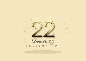 Anniversary number with 22nd digits in luxurious shiny gold. Premium vector background for greeting and celebration.