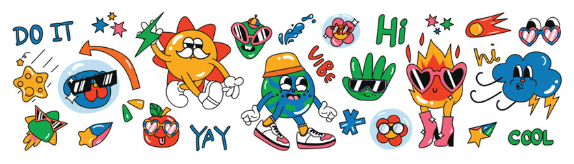 Naklejka premium Set of 70s groovy element vector. Collection of cartoon characters, doodle smile face, rocket, sun, world, fire, thunderstorm, apple. Cute retro groovy hippie design for decorative, sticker, kids.