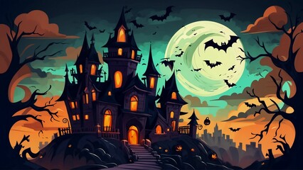 Halloween background with a castle, scary night with alot of bat and clounnd, huge moon, illustration.