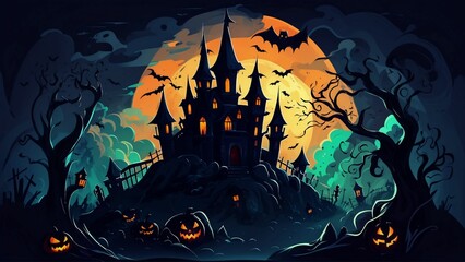 Halloween background with a castle, scary night with alot of bat and clounnd, huge moon, illustration.