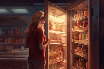 Woman in front of open fridge looking for food. Food storage concept. generative ai