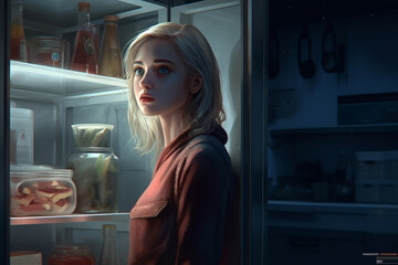 Woman in front of open fridge looking for food. Food storage concept. generative ai