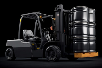 Forklift truck with barrels on dark background. 3d rendering generative ai