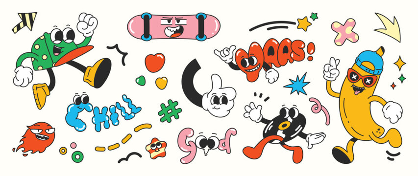 Set of 70s groovy element vector. Collection of cartoon characters, doodle smile face, platter, banana, skateboard, fire, heart, word. Cute retro groovy hippie design for decorative, sticker, kids.
