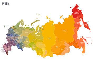 Russia political map of administrative divisions - oblasts, republics, autonomous okrugs, krais, autonomous oblast and 2 federal cities of Moscow and Saint Petersburg. Colorful spectrum political map - obrazy, fototapety, plakaty