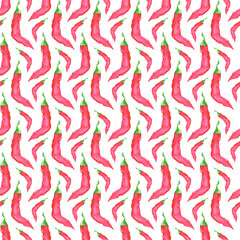 Hand drawn watercolor red pepper seamless pattern isolated on white background. Can be used for textile, fabric and other printed products.