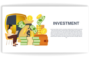 A woman was sitting looking at the laptop. website page Investment. Modern flat design concept of web page design for website and mobile website