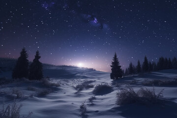 Winter landscape with starry sky and milky way. 3d rendering generative ai