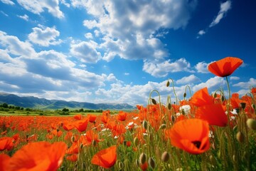 Vibrant landscape. Colorful poppy field under blue sky and fluffy clouds. Stunning natural backdrop. Seasonal beauty. Generative AI