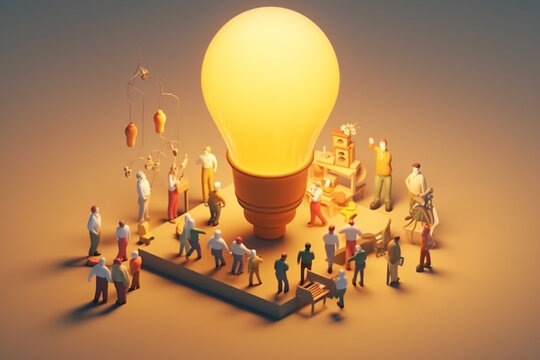 Miniature people cartoon with light big bulb. 3d illustration. generative ai