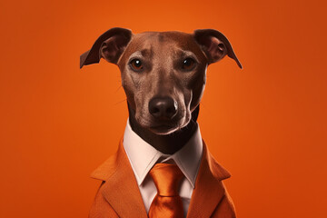 Portrait of a dog wearing a businessman suit and tie on an orange background generative ai