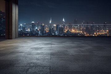 empty concrete floor with cityscape and skyline of Hangzhou at night generative ai