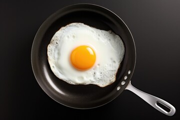 One fried egg in hot pan on black background, top view - obrazy, fototapety, plakaty