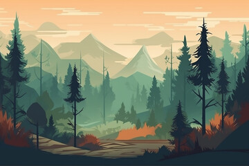 Landscape with mountains and coniferous forest. Vector type illustration. generative ai