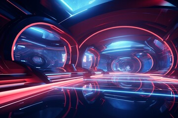 Immersive 360 view of neon-lit futuristic indoor space with sci-fi design and VR vibes. Generative AI