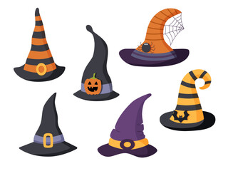 Set of six Halloween hats. Hallowen concept.