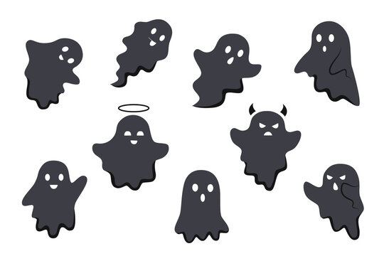Set of nine black ghosts on white. Halloween concept.	
