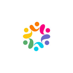 Colored dynamic logo of abstract people group holding hands, versatile abstract colorful logotype, strength of human teamwork and partnership, vibrant society, human community teamwork symbol. Vector