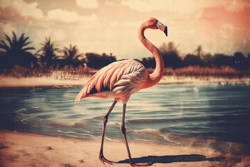 Flamingo on the beach at sunset. Vintage filter effect. generative ai