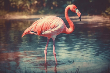 Fototapeta premium Flamingo on the beach at sunset. Vintage filter effect. generative ai