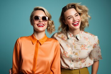 Obraz premium Two young beautiful smiling brunette hipster female in trendy summer clothes. Sexy carefree women posing near blue wall in studio. Positive models having fun. Cheerful and happy