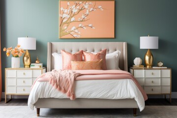 Chic relax space . Peach And Teal Bedroom With Gold Accessories