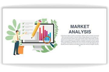 A man stood pointing at the document. website page Market Analysis. Modern flat design concept of web page design for website and mobile website