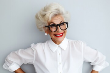 Elegant Old Lady: Super Stylish, Radiating Happiness in White Shirt - Timeless Fashion for the Ages on white background 