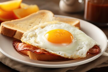 Tasty breakfast - fried eggs with fried bacon and toasted bread in plate on wooden table