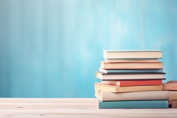 Composition of blurry Many books on a wooden table and a pastel blue background. Back to school....