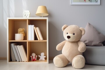 Beige teddy bear sitting on a chair. Charming children's room for a boy or a girl with toys and a teddy bear. Happy parenthood and designing a new room for the little one