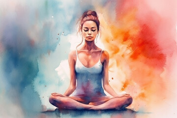 Beautiful girl sitting in lotus pose on watercolor background.